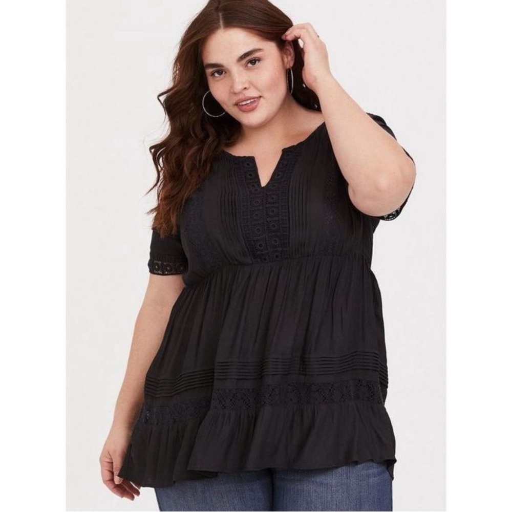 Torrid crepe lace peasant tunic short sleeve top essential feminine career boho